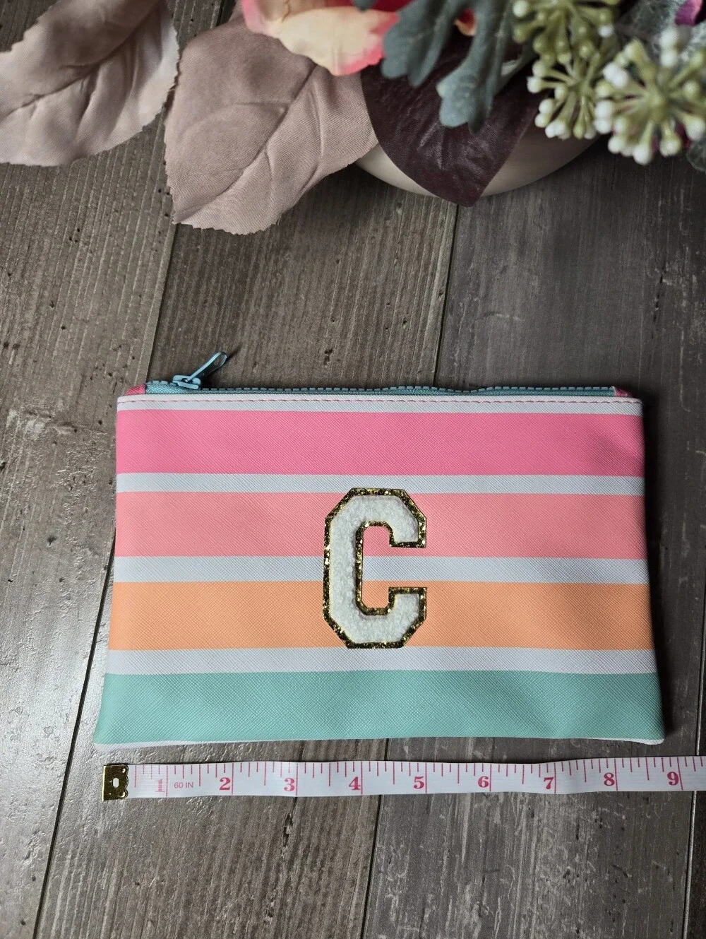 Nylon Striped Cosmetic Bag with C Patch